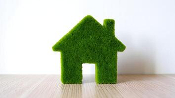 Green house made of grass on wooden table photo