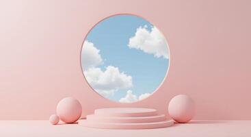 Minimalist pink stage with spheres and circular window revealing a cloudy sky photo