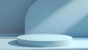 Minimalist blue stage with geometric arch and soft light casting shadows for product display photo