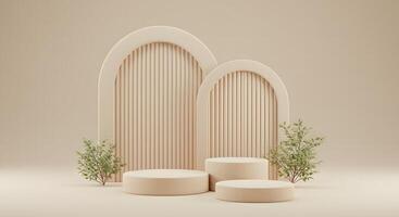 Minimalist beige podiums with arched fluted backdrops and green foliage for product display photo