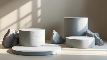 Minimalist scene with concrete cylinders and rough stone elements with soft light and shadow photo