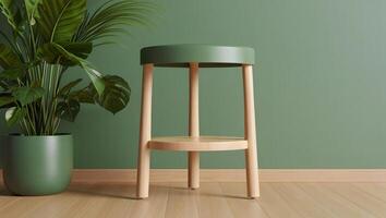 Modern green stool with wooden legs and a large potted plant in a minimalist interior setting photo