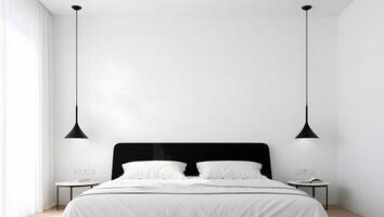 Modern minimalist bedroom with a large white bed and black pendant lights photo