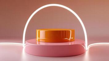 Modern minimalist stage with pink and orange podiums and glowing neon light arch photo