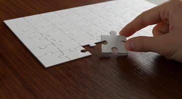 Close up of a hand placing the final white puzzle piece into a completed jigsaw puzzle on a wooden table photo