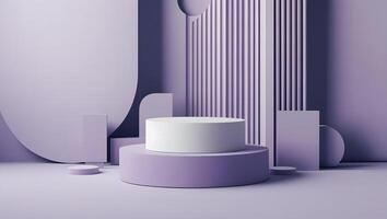 Minimalist abstract geometric background with purple and white podiums for product display photo