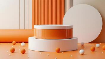 Minimalist geometric composition with orange and white spheres and podiums photo