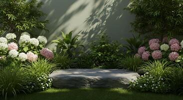 Natural stone pedestal surrounded by lush green foliage and blooming hydrangeas in a garden setting photo