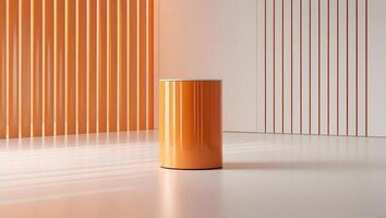 Modern interior design with orange cylindrical pedestal and vertical slatted walls photo