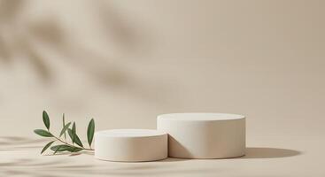 Minimalist beige podiums with green leaves and soft shadow overlay for product display photo