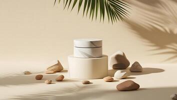 Minimalist product display with natural stones and palm leaf shadows photo