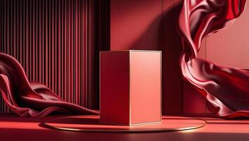 Elegant red stage with draped fabric and a golden podium for product display photo