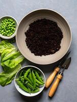 Fresh garden vegetables including peas and lettuce with soil and gardening tools photo