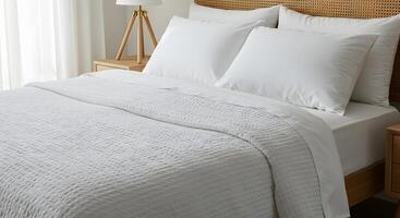 Bright and airy bedroom with a white quilted bedspread and natural wood accents photo
