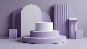 Minimalist abstract background with geometric shapes and podiums in pastel purple hues photo