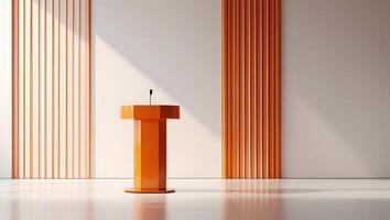 Modern orange podium with microphone stands in a minimalist room with ribbed wall panels photo