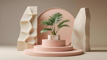 Minimalist scene with textured geometric shapes and a potted palm plant on a pink podium photo