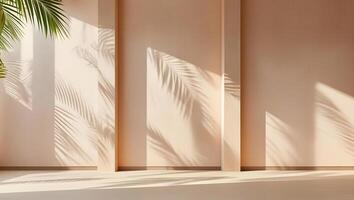Warm sunlight casts palm leaf shadows on a minimalist peach wall and floor photo