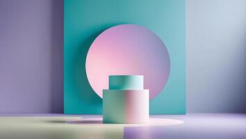 Minimalist geometric stage with pastel gradient circle and cylinder podium photo