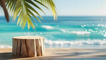 Natural wood stump podium on a wooden deck with a blurred tropical beach and ocean background photo