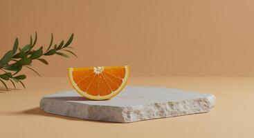Fresh orange slice on textured stone pedestal with green leaves and soft lighting photo
