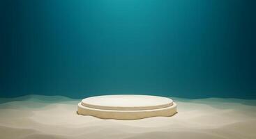Empty circular stage pedestal on sandy seabed with underwater teal background and soft lighting photo