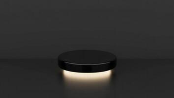 Minimalist black cylinder podium with warm light emanating from beneath on a dark background photo