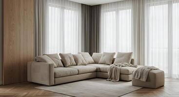 Comfortable neutral sectional sofa with plush cushions and a woven throw blanket in a modern living room photo