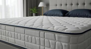 Comfortable white mattress with quilted surface and navy blue trim on a bed with pillows photo