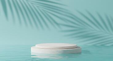 Minimalist white podium on rippling water with palm leaf shadows photo