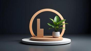 Minimalist scene with a wooden letter l and a potted plant inside a golden arch photo