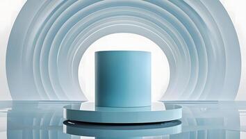 Minimalist stage with a blue cylinder on a reflective surface and a curved backdrop photo