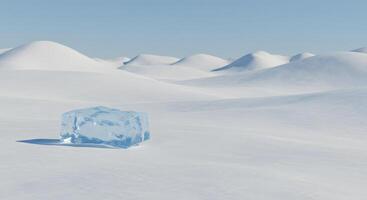 A solitary ice cube rests on a pristine snow covered landscape under a clear blue sky photo