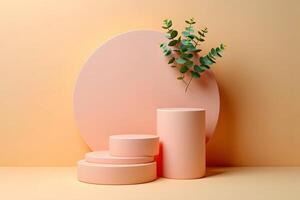 Minimalist scene with peach colored geometric podiums and eucalyptus branches on a soft peach background photo