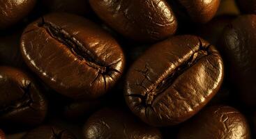 Close up macro shot of roasted coffee beans with rich brown color and detailed texture photo