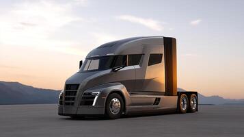 Sleek futuristic semi truck against the serene dusk background photo