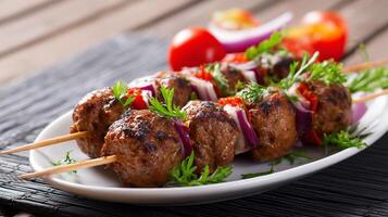 Delicious meatball skewers with fresh vegetables, parsley on white plate, wooden table. photo