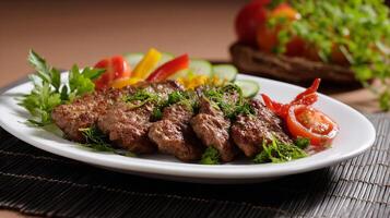 Delicious ground beef patties presented with fresh vegetables on an elegant platter photo