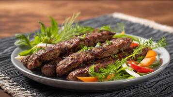 Grilled Kabobs with Fresh Herbs and Colorful Vegetables on Platter photo