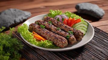 Delicious Seekh Kebabs Plated with Fresh Vegetables, Ready to Serve photo