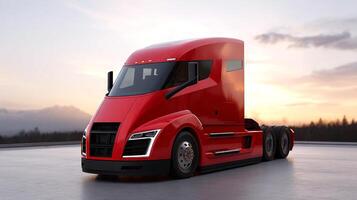 Striking red semi truck at sunset with modern design elements shining brightly photo