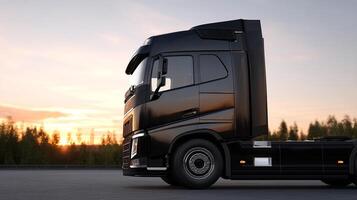 Sleek black semi truck basking in the setting sun's warm glow photo