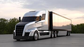 Sleek silver semi truck on concrete, with green trees background photo
