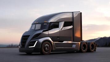 Sleek futuristic semi truck rendering against a serene sunset backdrop image photo
