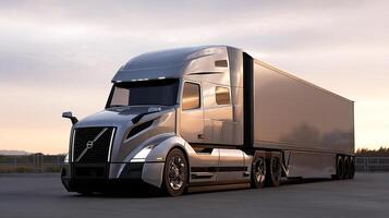 Sleek and Modern Silver Semi Truck at Dusk photo