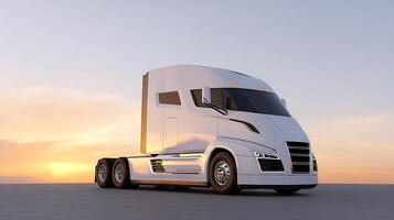 Modern White Semi Truck Against Sunset Sky Background, Clean Rendering photo