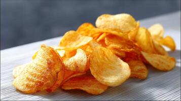 Crispy golden potato chips close up on light table with sunlight photo