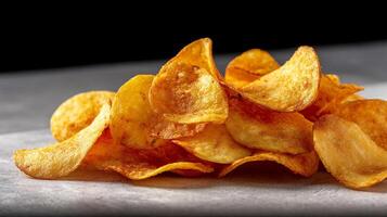 Delicious potato chips isolated on neutral surface, ready to be eaten photo