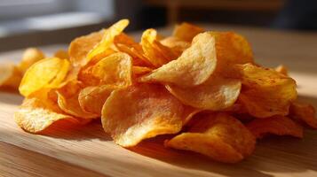 Golden crispy potato chips on wooden surface, delicious appetizer photo