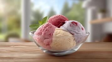 Delicious assorted ice cream scoops in bowl photo